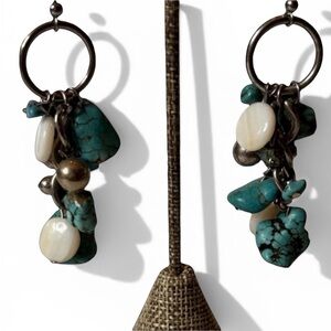 Southwestern Natural Turquoise & White stone Dangle Earrings with Silver Accents